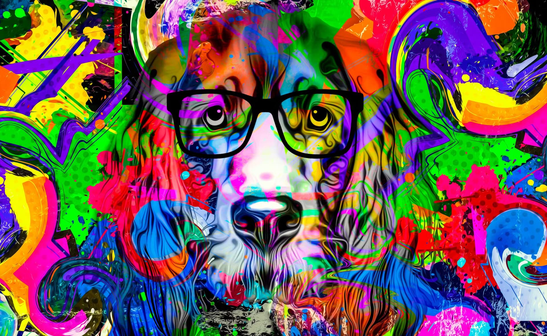 Un portrait artistique et abstrait d'un chien aux couleurs vives et psychédéliques, avec des lunettes noires contrastant sur un arrière-plan multicolore et énergique.